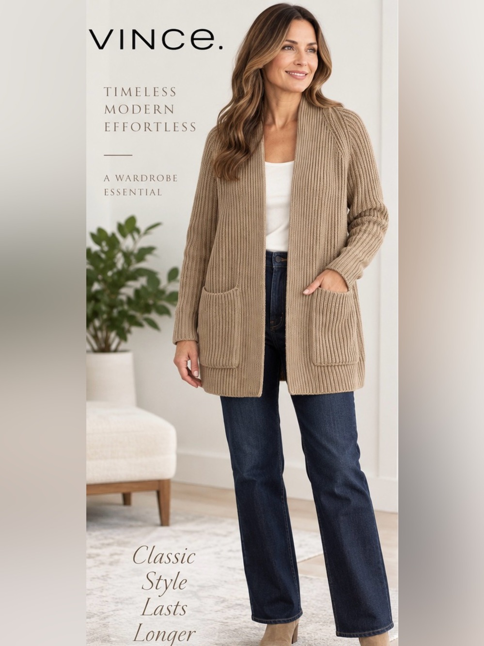 VINCE 100% COTTON RIBBED OPEN FRONT CARDIGAN BEIGH TAN SIZE S